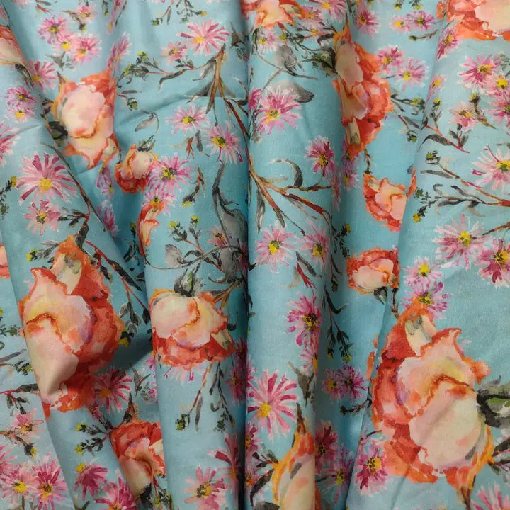 Imported 100% Pure Cotton Lawn, aqua/peach/multi by the 1/2 yard