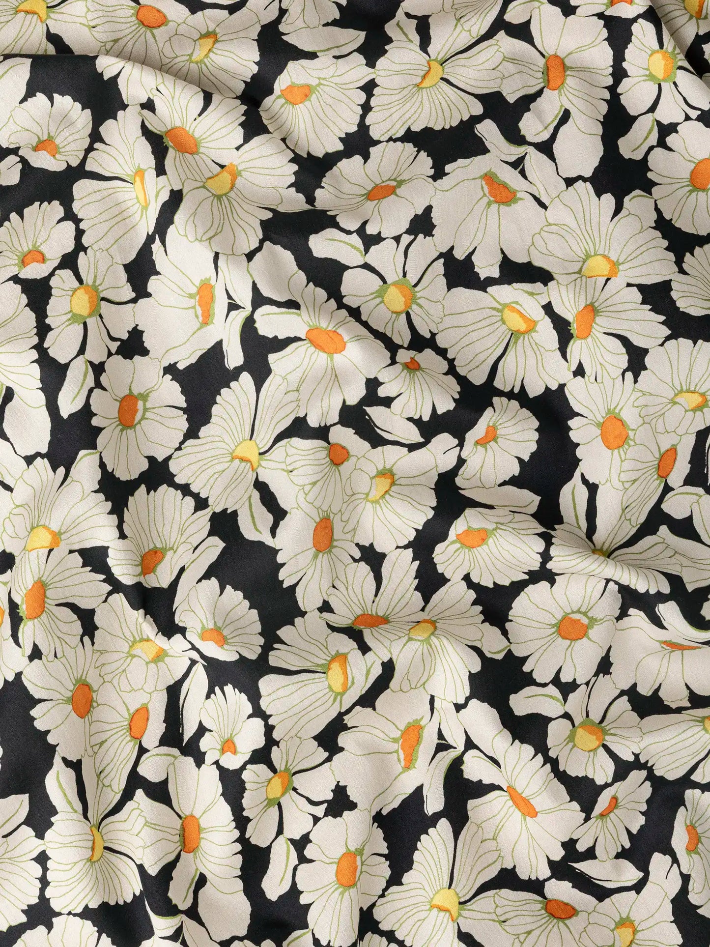 Daisy Print BCI Cotton Lawn - Black + Cream + Orange - fabric by the 1/2 yard