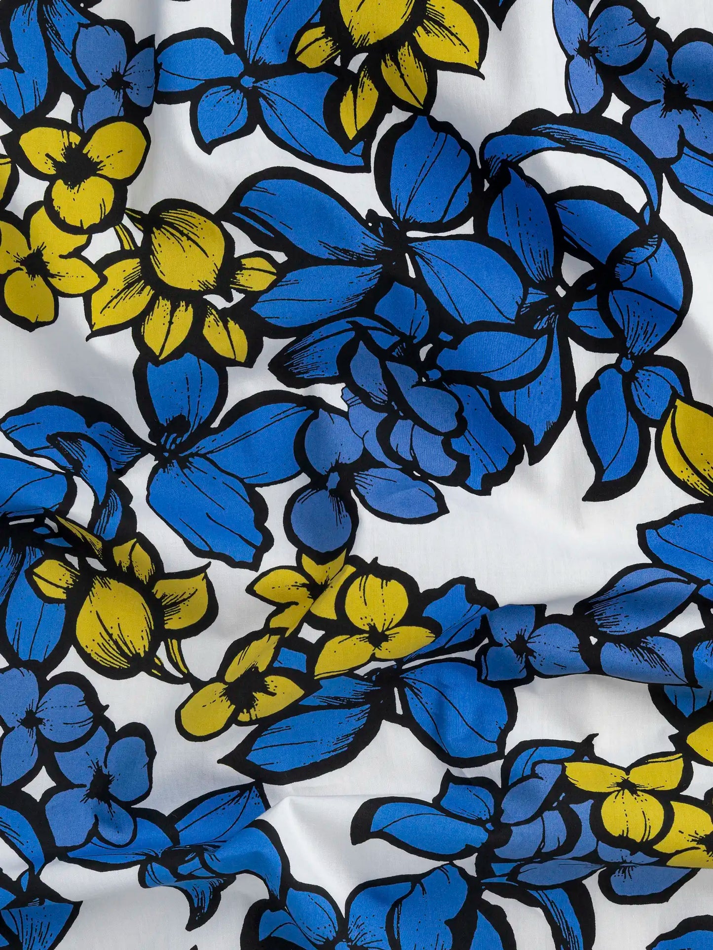 Large Floral Print Japanese Cotton Lawn - White + Periwinkle + Black + Yellow (fabric by the half yard)