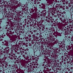 Shirting weight Dark Wine on Chambray Blue Print by the 1/2 yard