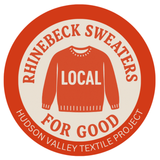 Rhinebeck Sweaters for Good Logo - red sweater that says LOCAL on round red and light tan seal that looks like a button