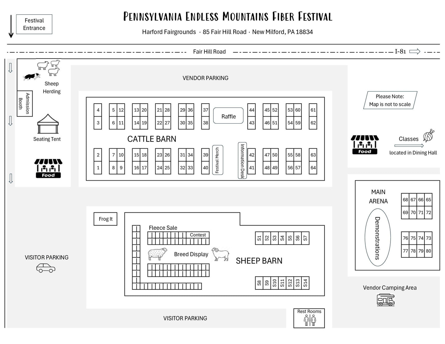 Map of the Pennsylvania Endless Mountains Fiber Festival layout with various sections and activities.