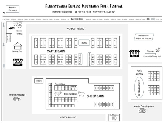Map of the Pennsylvania Endless Mountains Fiber Festival layout with various sections and activities.