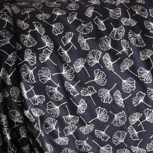 Navy/White Ginko Leaves - Silky Modal/Lycra Knit by the 1/2 yard