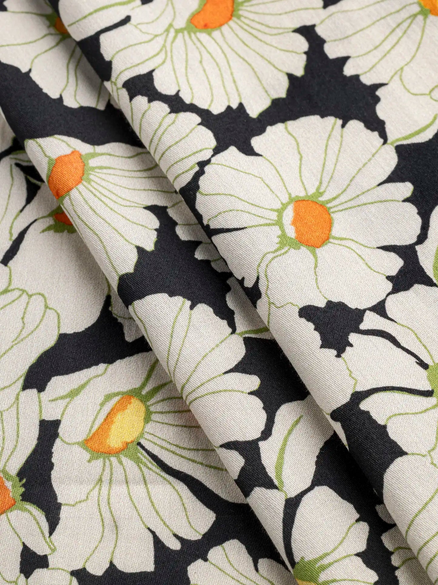 Daisy Print BCI Cotton Lawn - Black + Cream + Orange - fabric by the 1/2 yard