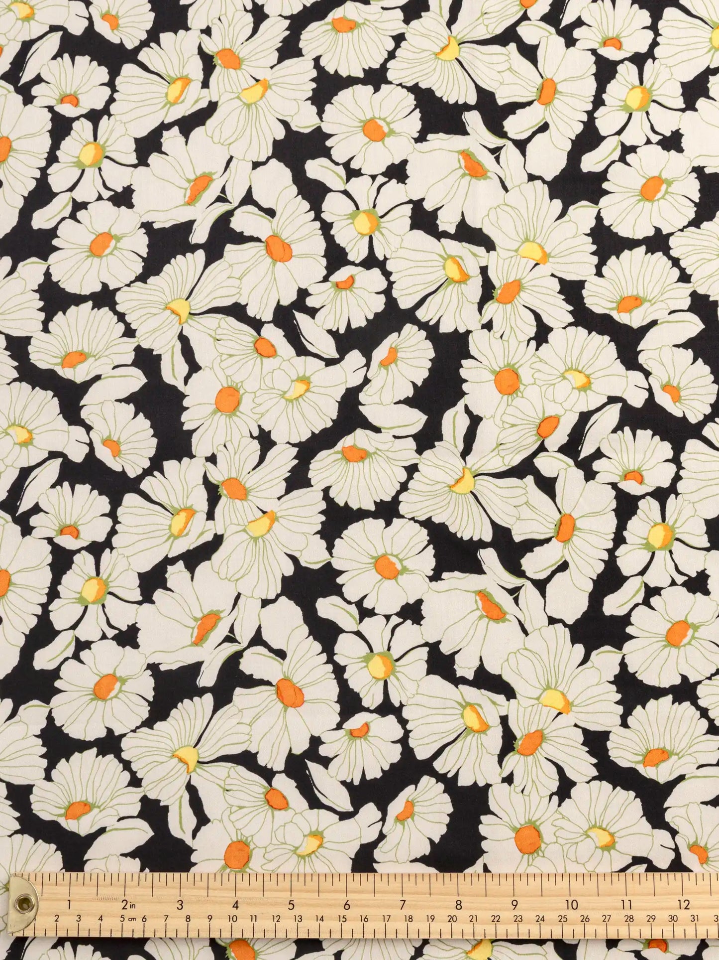 Daisy Print BCI Cotton Lawn - Black + Cream + Orange - fabric by the 1/2 yard