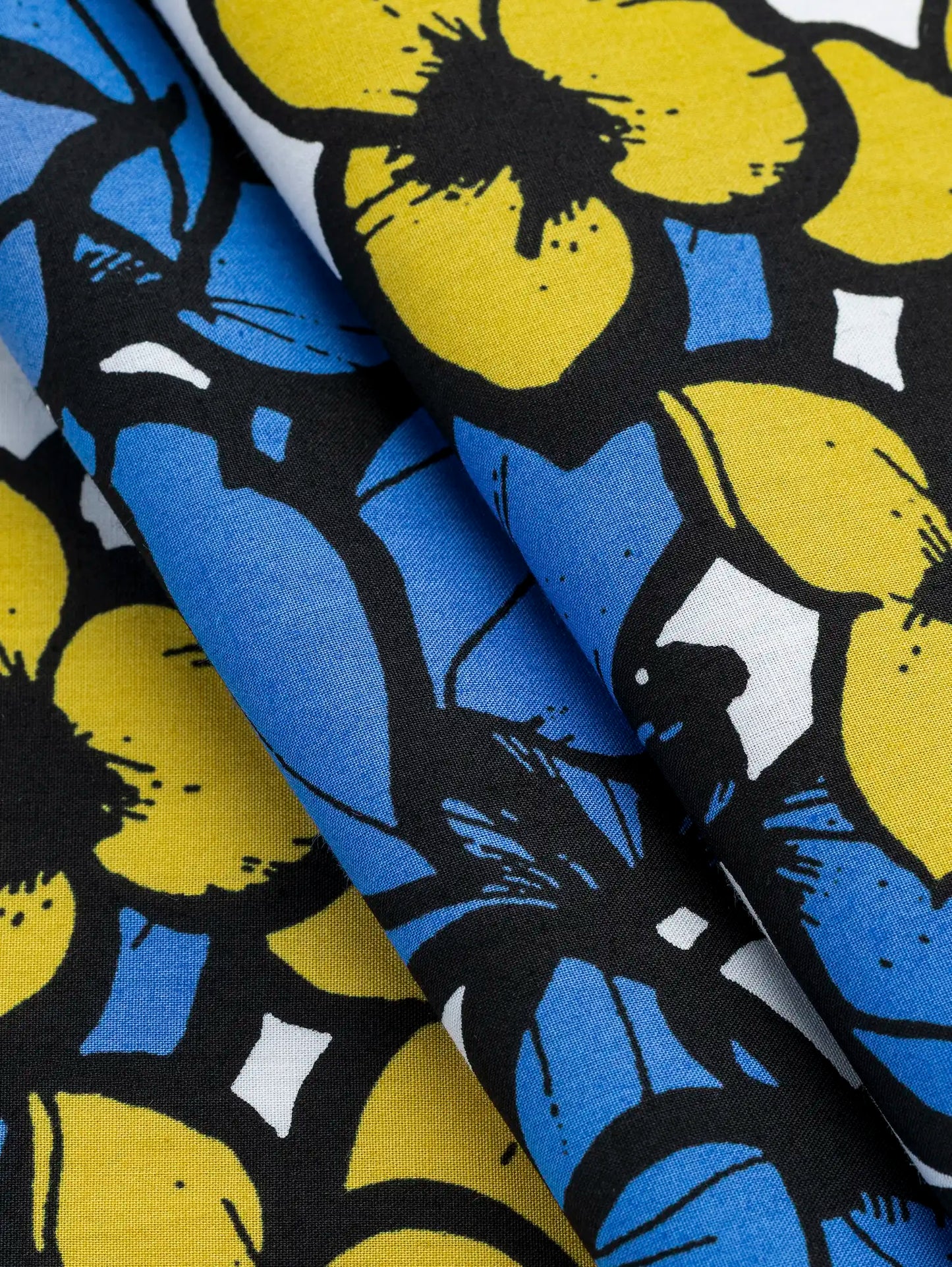 Large Floral Print Japanese Cotton Lawn - White + Periwinkle + Black + Yellow (fabric by the half yard)