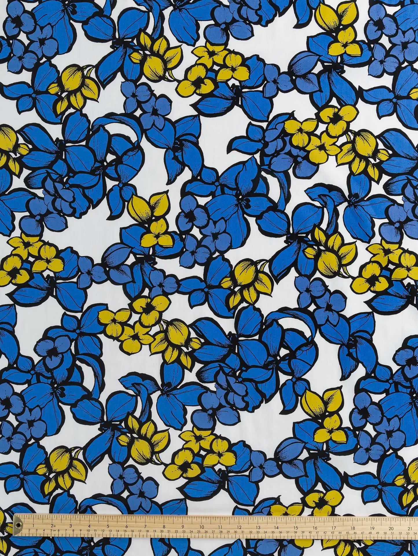 Large Floral Print Japanese Cotton Lawn - White + Periwinkle + Black + Yellow (fabric by the half yard)