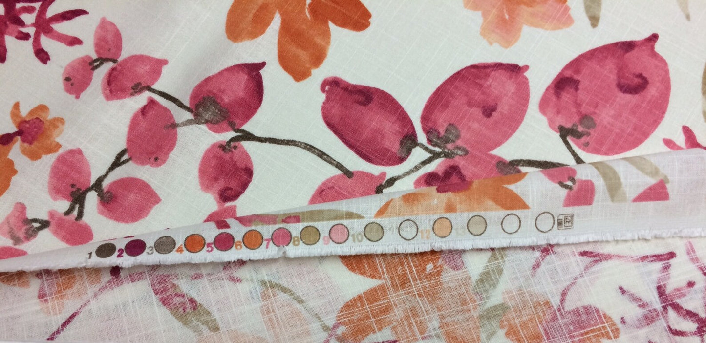 Orange Pink Floral Fruits Watercolor Blooms Linen - by the 1/2 yard