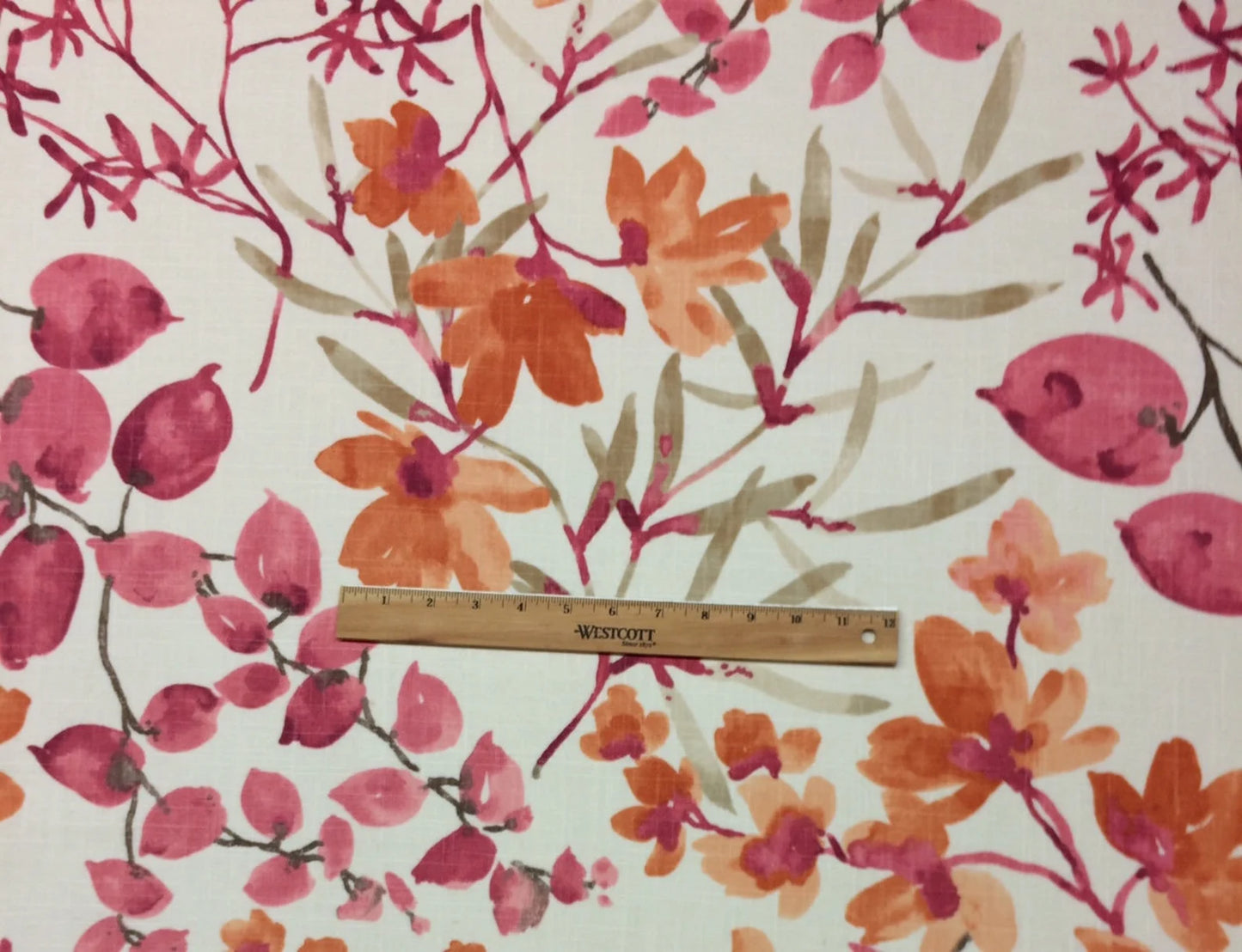Orange Pink Floral Fruits Watercolor Blooms Linen - by the 1/2 yard