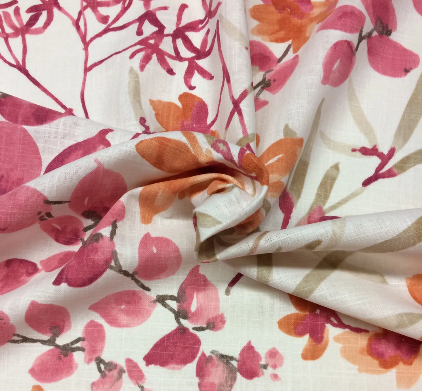 Orange Pink Floral Fruits Watercolor Blooms Linen - by the 1/2 yard
